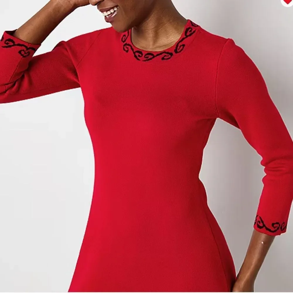 NWT SZ S Jessica Howard 3/4 Sleeve Red w/Black Scroll Sweater Dress - Picture 2 of 11